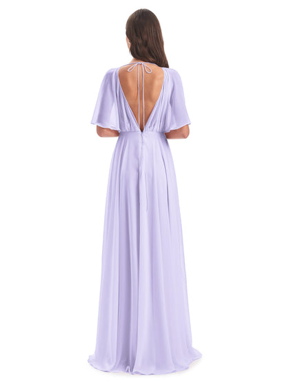 Hazel V-Neck Short Sleeves Chiffon Long Bridesmaid Dresses