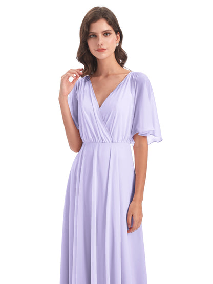 Hazel V-Neck Short Sleeves Chiffon Long Bridesmaid Dresses