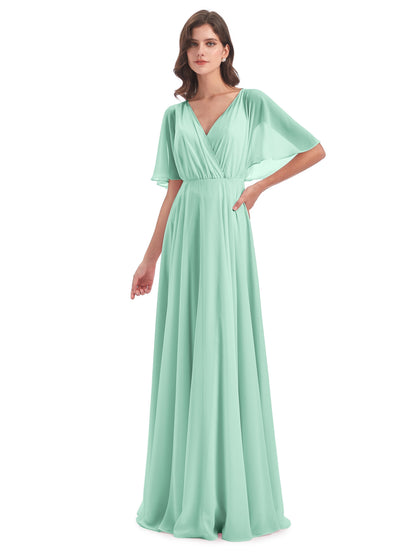 Hazel V-Neck Short Sleeves Chiffon Long Bridesmaid Dresses