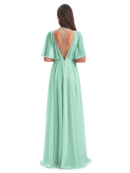 Hazel V-Neck Short Sleeves Chiffon Long Bridesmaid Dresses
