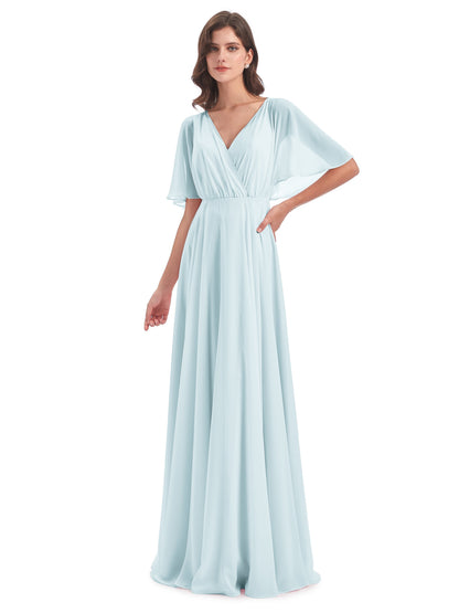 Hazel V-Neck Short Sleeves Chiffon Long Bridesmaid Dresses