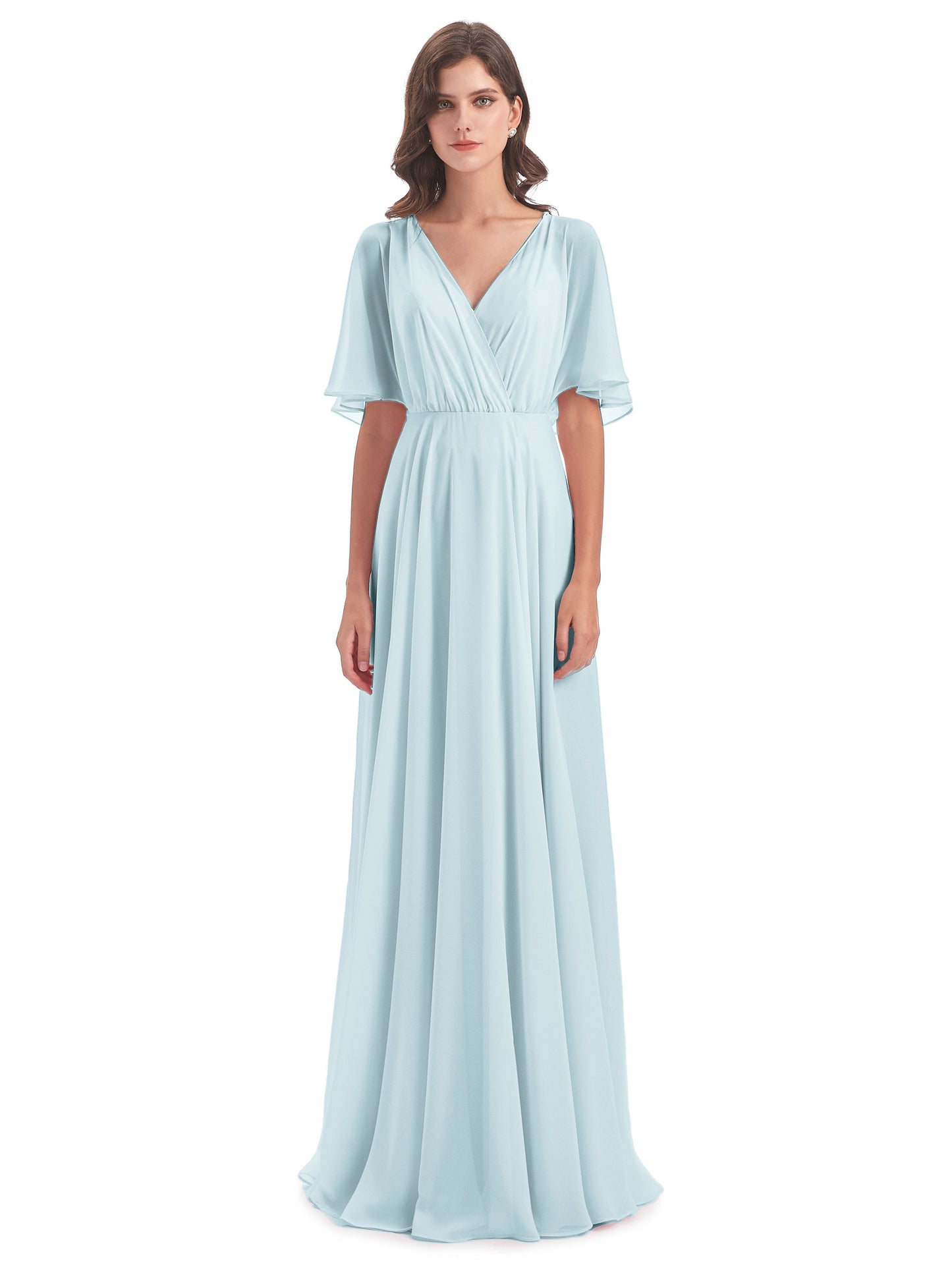 Hazel V-Neck Short Sleeves Chiffon Long Bridesmaid Dresses