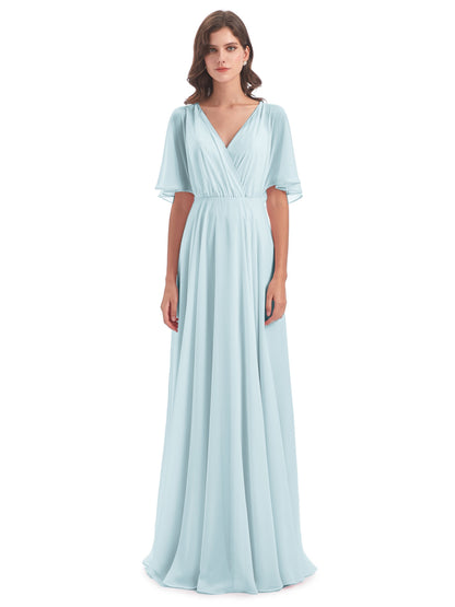 Hazel V-Neck Short Sleeves Chiffon Long Bridesmaid Dresses