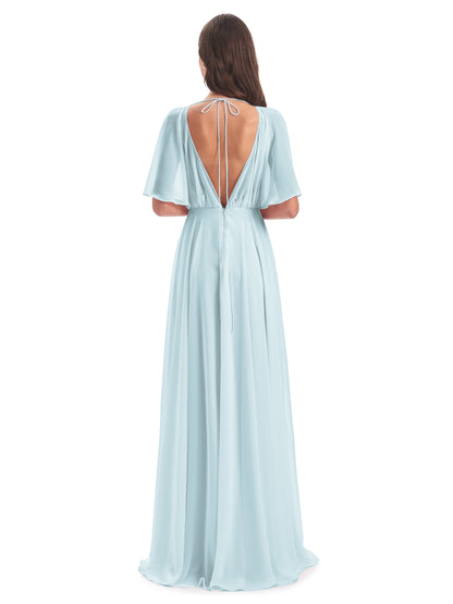 Hazel V-Neck Short Sleeves Chiffon Long Bridesmaid Dresses
