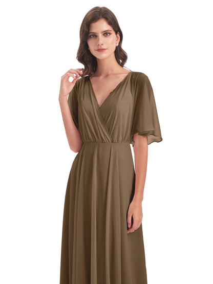Hazel V-Neck Short Sleeves Chiffon Long Bridesmaid Dresses