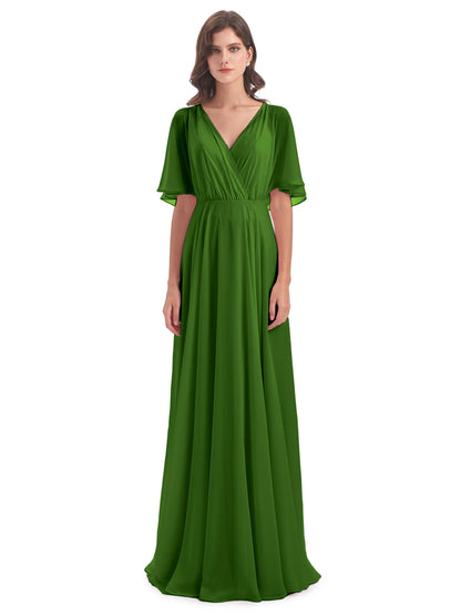 Hazel V-Neck Short Sleeves Chiffon Long Bridesmaid Dresses
