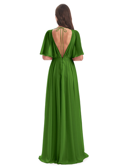 Hazel V-Neck Short Sleeves Chiffon Long Bridesmaid Dresses
