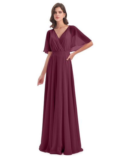 Hazel V-Neck Short Sleeves Chiffon Long Bridesmaid Dresses