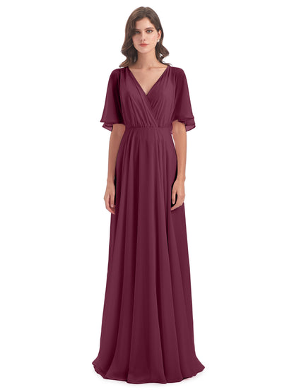 Hazel V-Neck Short Sleeves Chiffon Long Bridesmaid Dresses