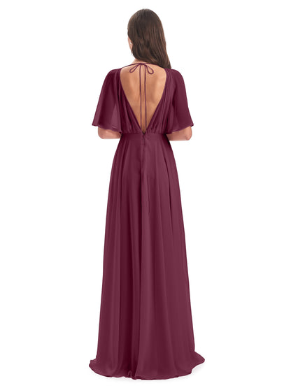 Hazel V-Neck Short Sleeves Chiffon Long Bridesmaid Dresses