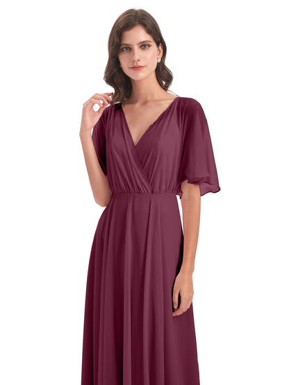 Hazel V-Neck Short Sleeves Chiffon Long Bridesmaid Dresses