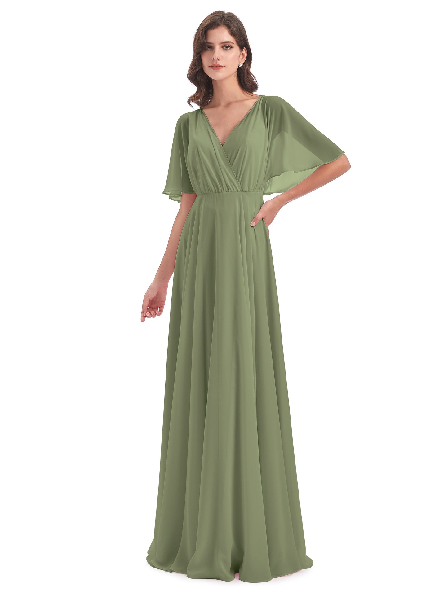 Hazel V-Neck Short Sleeves Chiffon Long Bridesmaid Dresses