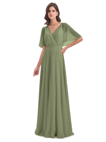 Hazel V-Neck Short Sleeves Chiffon Long Bridesmaid Dresses