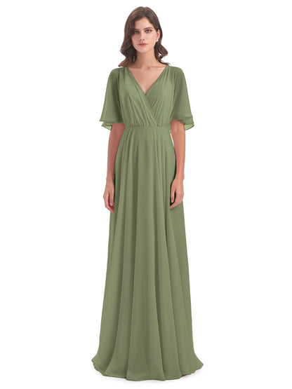Hazel V-Neck Short Sleeves Chiffon Long Bridesmaid Dresses