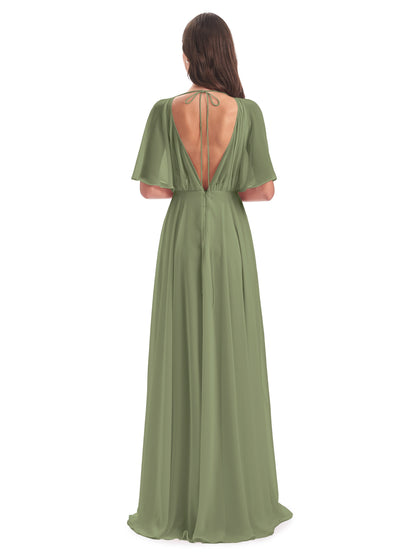 Hazel V-Neck Short Sleeves Chiffon Long Bridesmaid Dresses