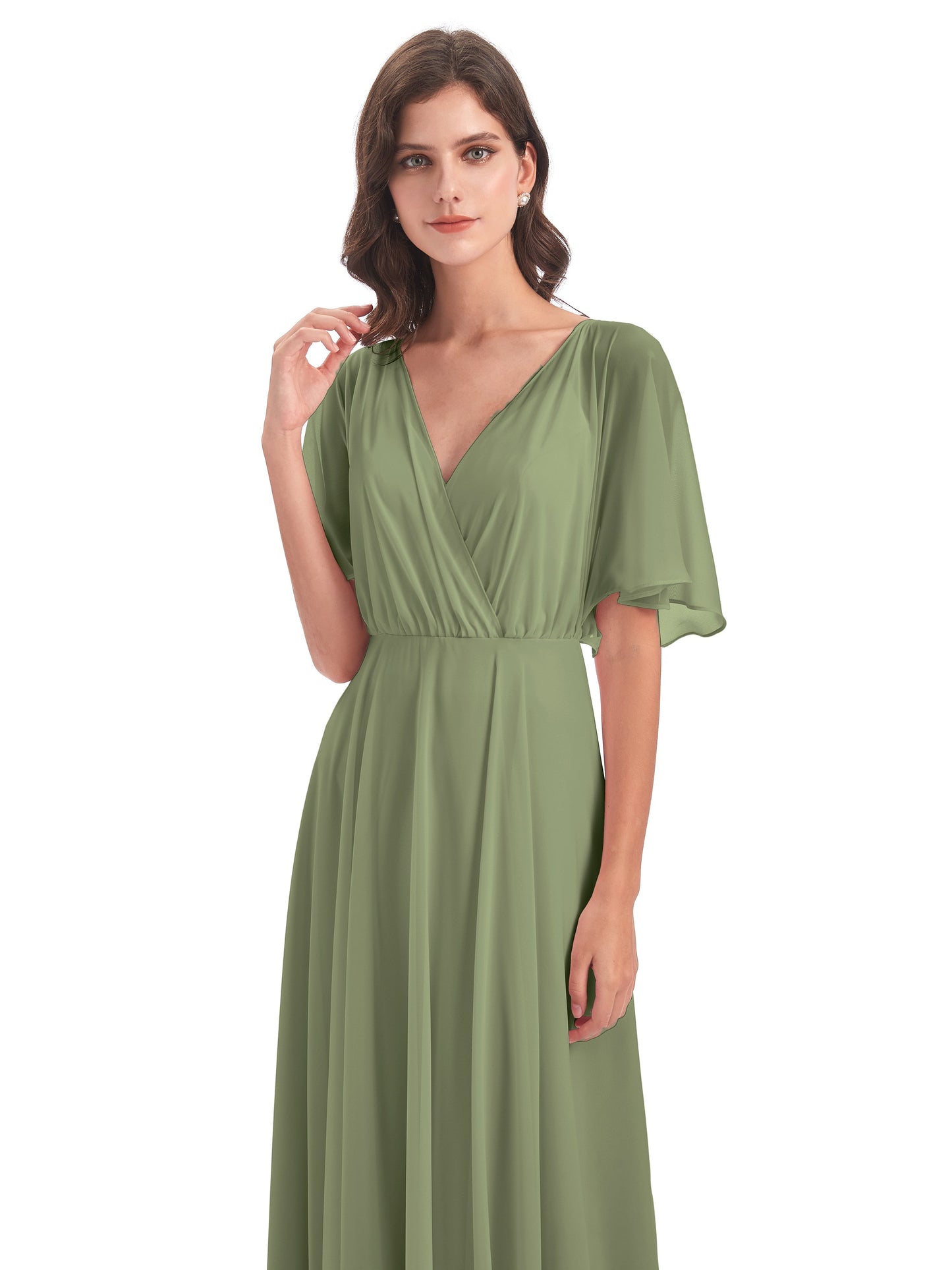 Hazel V-Neck Short Sleeves Chiffon Long Bridesmaid Dresses