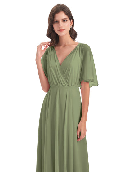 Hazel V-Neck Short Sleeves Chiffon Long Bridesmaid Dresses