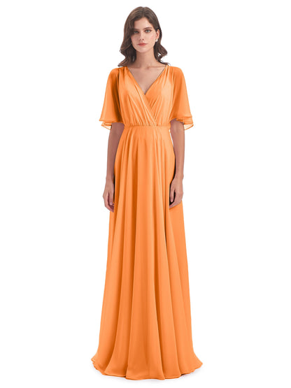 Hazel V-Neck Short Sleeves Chiffon Long Bridesmaid Dresses