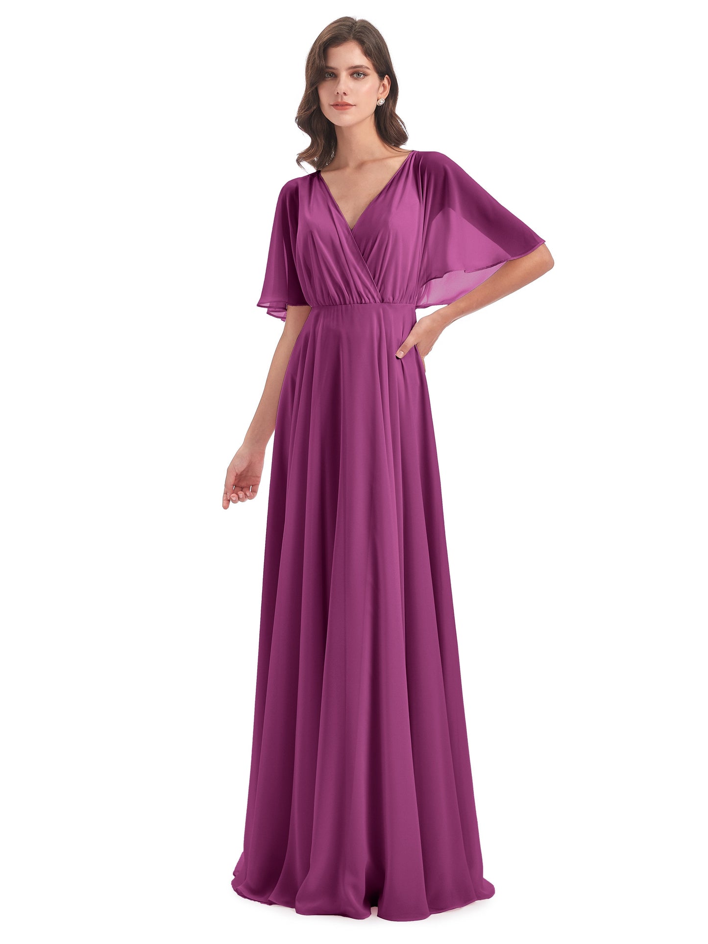 Hazel V-Neck Short Sleeves Chiffon Long Bridesmaid Dresses