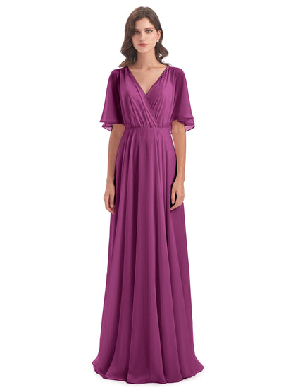 Hazel V-Neck Short Sleeves Chiffon Long Bridesmaid Dresses
