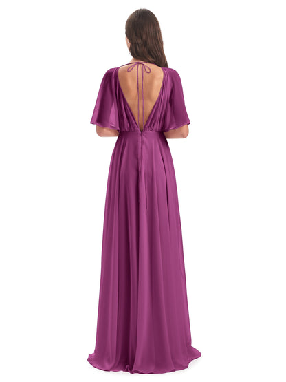 Hazel V-Neck Short Sleeves Chiffon Long Bridesmaid Dresses