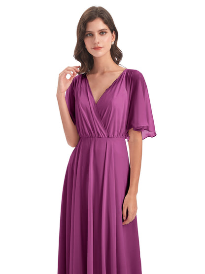 Hazel V-Neck Short Sleeves Chiffon Long Bridesmaid Dresses