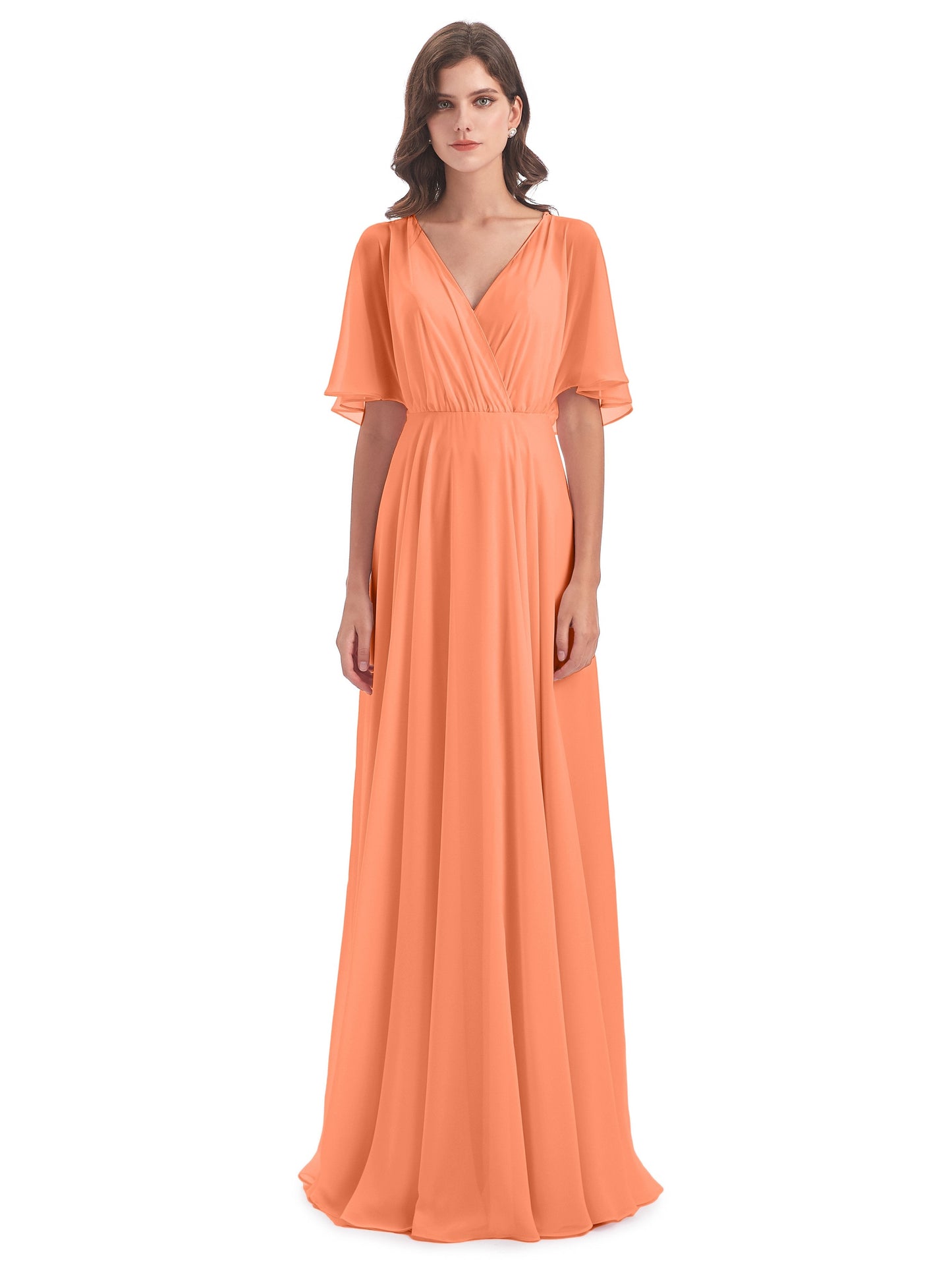 Hazel V-Neck Short Sleeves Chiffon Long Bridesmaid Dresses
