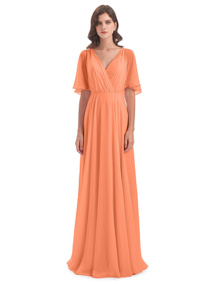 Hazel V-Neck Short Sleeves Chiffon Long Bridesmaid Dresses