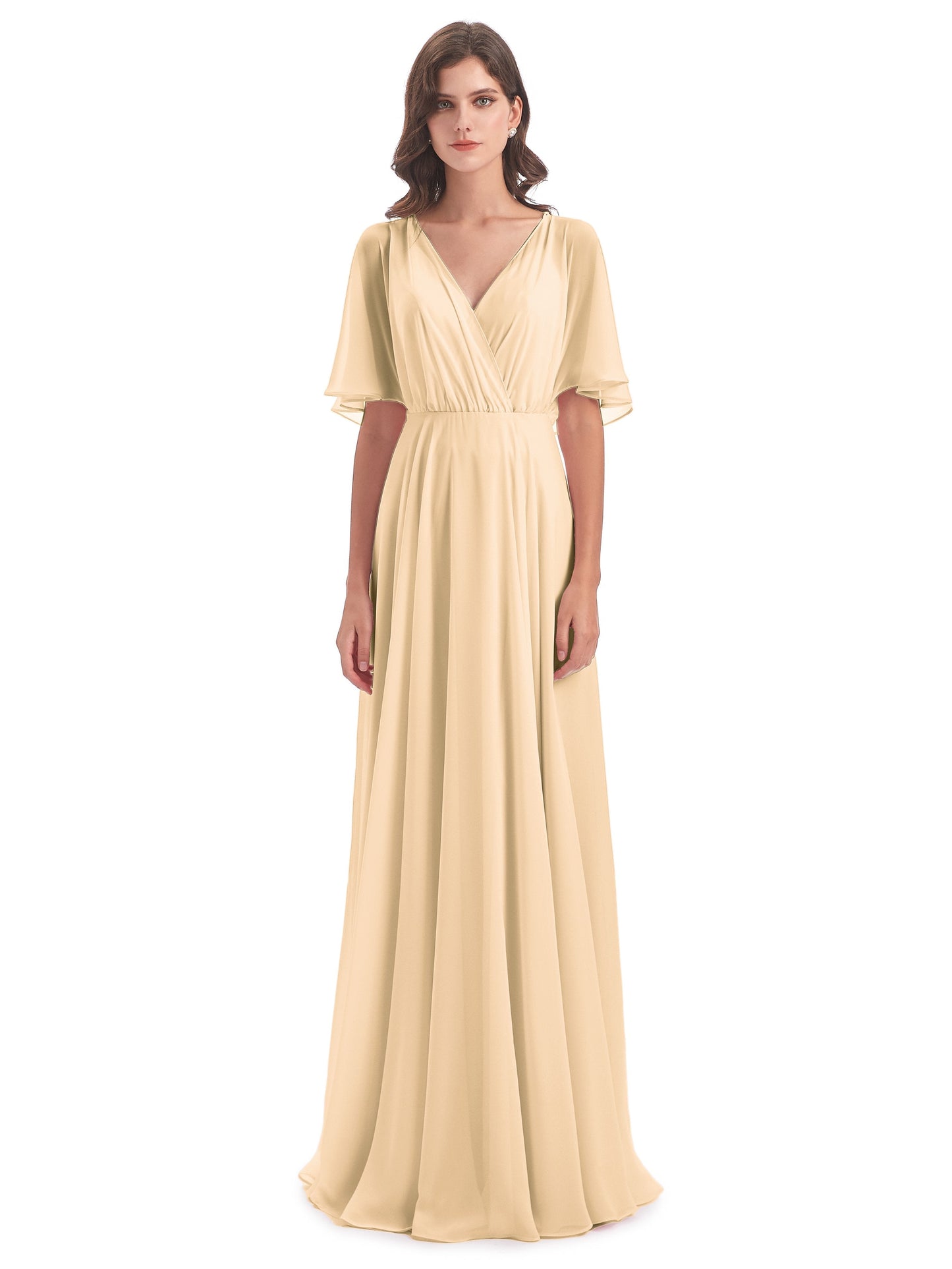 Hazel V-Neck Short Sleeves Chiffon Long Bridesmaid Dresses