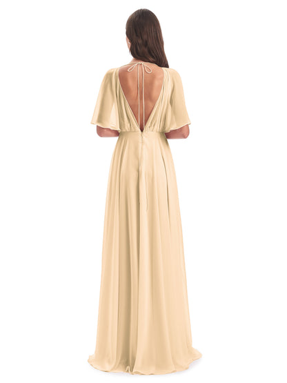 Hazel V-Neck Short Sleeves Chiffon Long Bridesmaid Dresses