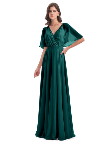 Hazel V-Neck Short Sleeves Chiffon Long Bridesmaid Dresses