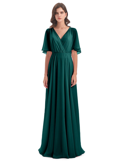 Hazel V-Neck Short Sleeves Chiffon Long Bridesmaid Dresses