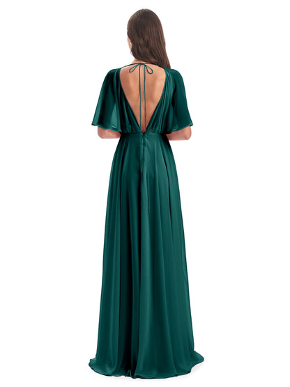 Hazel V-Neck Short Sleeves Chiffon Long Bridesmaid Dresses