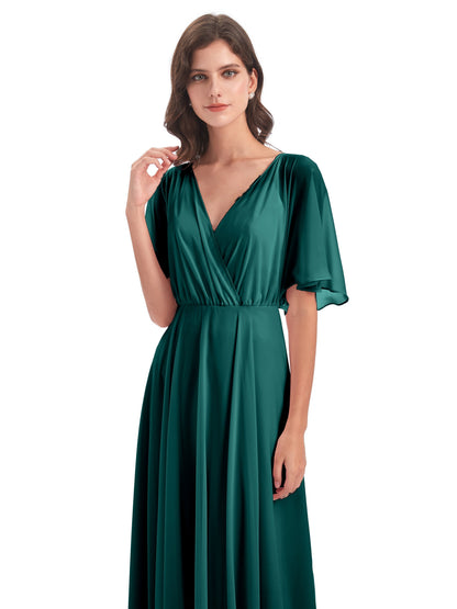 Hazel V-Neck Short Sleeves Chiffon Long Bridesmaid Dresses