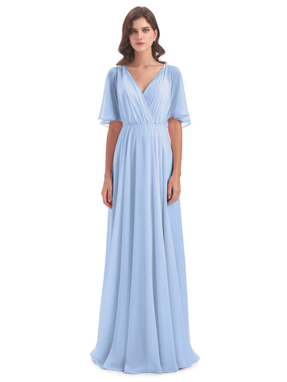 Hazel V-Neck Short Sleeves Chiffon Long Bridesmaid Dresses