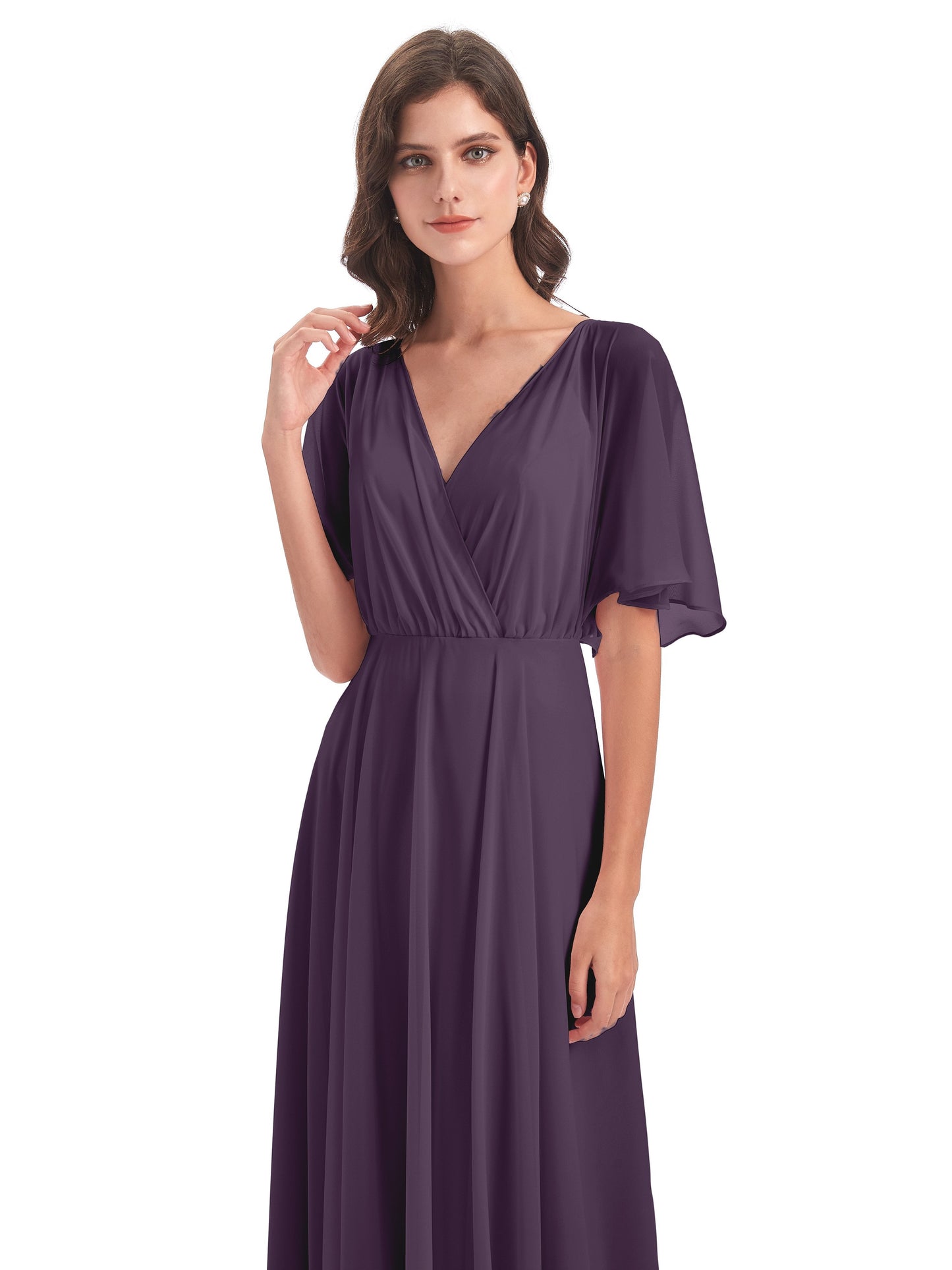 Hazel V-Neck Short Sleeves Chiffon Long Bridesmaid Dresses