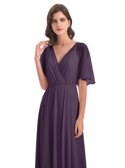 Hazel V-Neck Short Sleeves Chiffon Long Bridesmaid Dresses