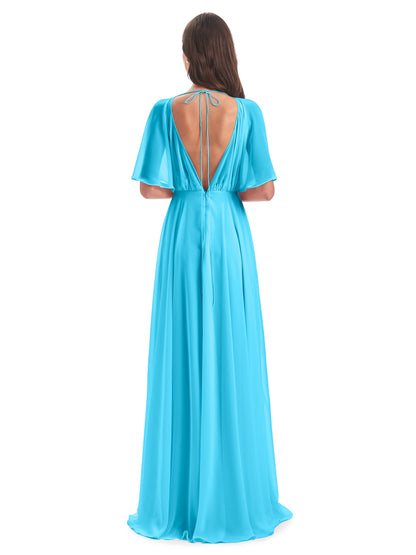 Hazel V-Neck Short Sleeves Chiffon Long Bridesmaid Dresses