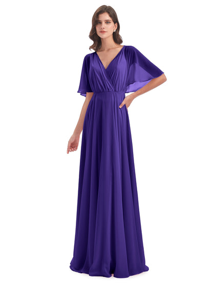 Hazel V-Neck Short Sleeves Chiffon Long Bridesmaid Dresses
