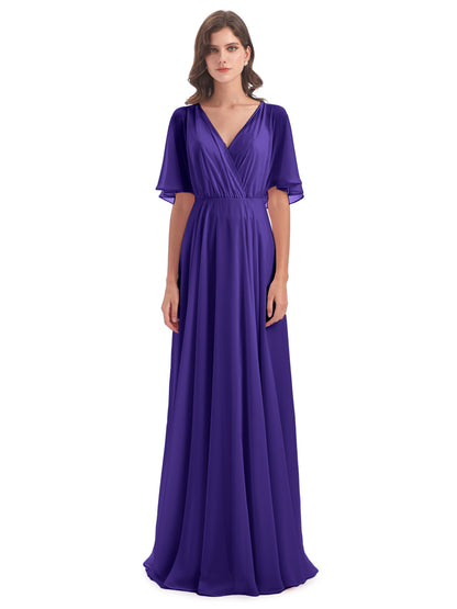 Hazel V-Neck Short Sleeves Chiffon Long Bridesmaid Dresses
