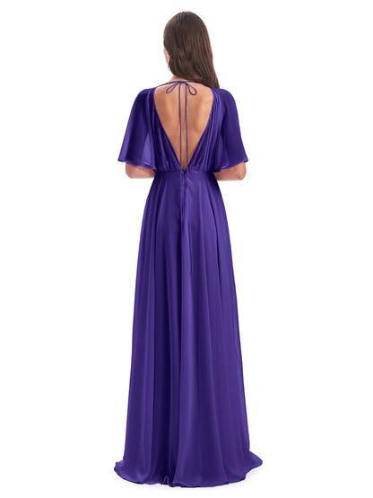 Hazel V-Neck Short Sleeves Chiffon Long Bridesmaid Dresses