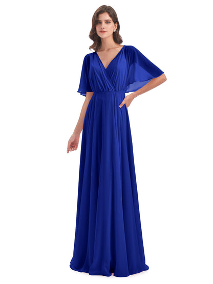 Hazel V-Neck Short Sleeves Chiffon Long Bridesmaid Dresses