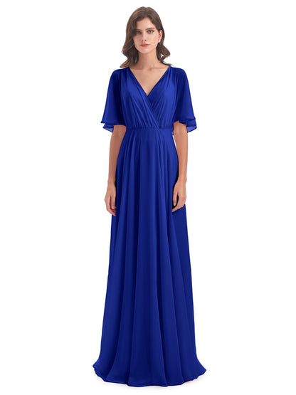 Hazel V-Neck Short Sleeves Chiffon Long Bridesmaid Dresses