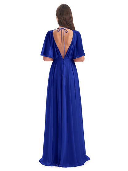 Hazel V-Neck Short Sleeves Chiffon Long Bridesmaid Dresses