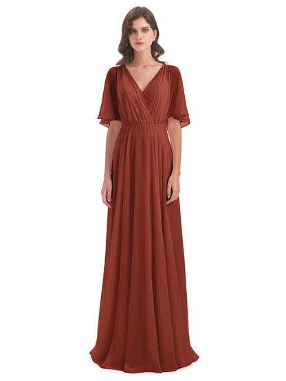 Hazel V-Neck Short Sleeves Chiffon Long Bridesmaid Dresses