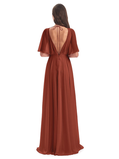 Hazel V-Neck Short Sleeves Chiffon Long Bridesmaid Dresses
