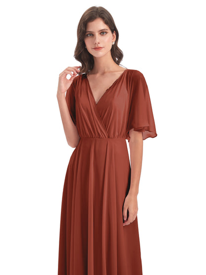 Hazel V-Neck Short Sleeves Chiffon Long Bridesmaid Dresses