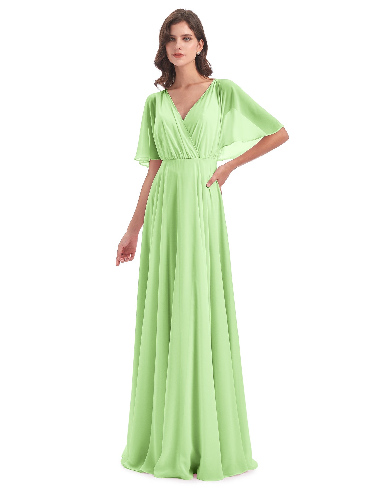 Hazel V-Neck Short Sleeves Chiffon Long Bridesmaid Dresses