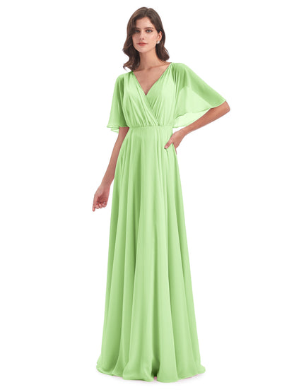 Hazel V-Neck Short Sleeves Chiffon Long Bridesmaid Dresses