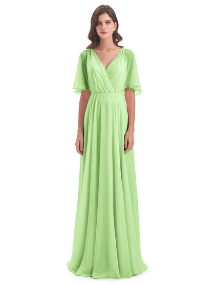 Hazel V-Neck Short Sleeves Chiffon Long Bridesmaid Dresses